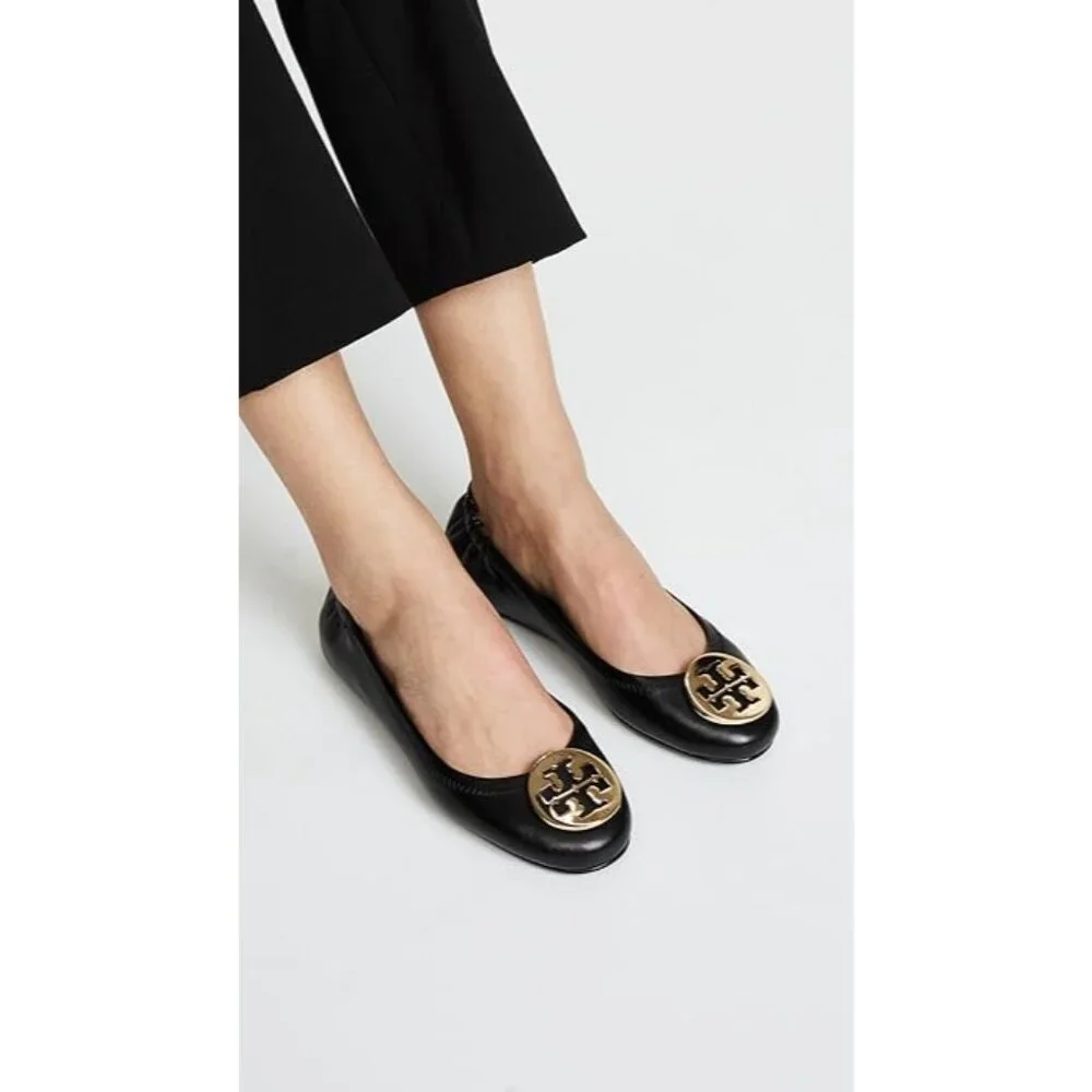 Tory Burch Classic Minnie Leather Travel Ballet Flat Black and Silver Size 7